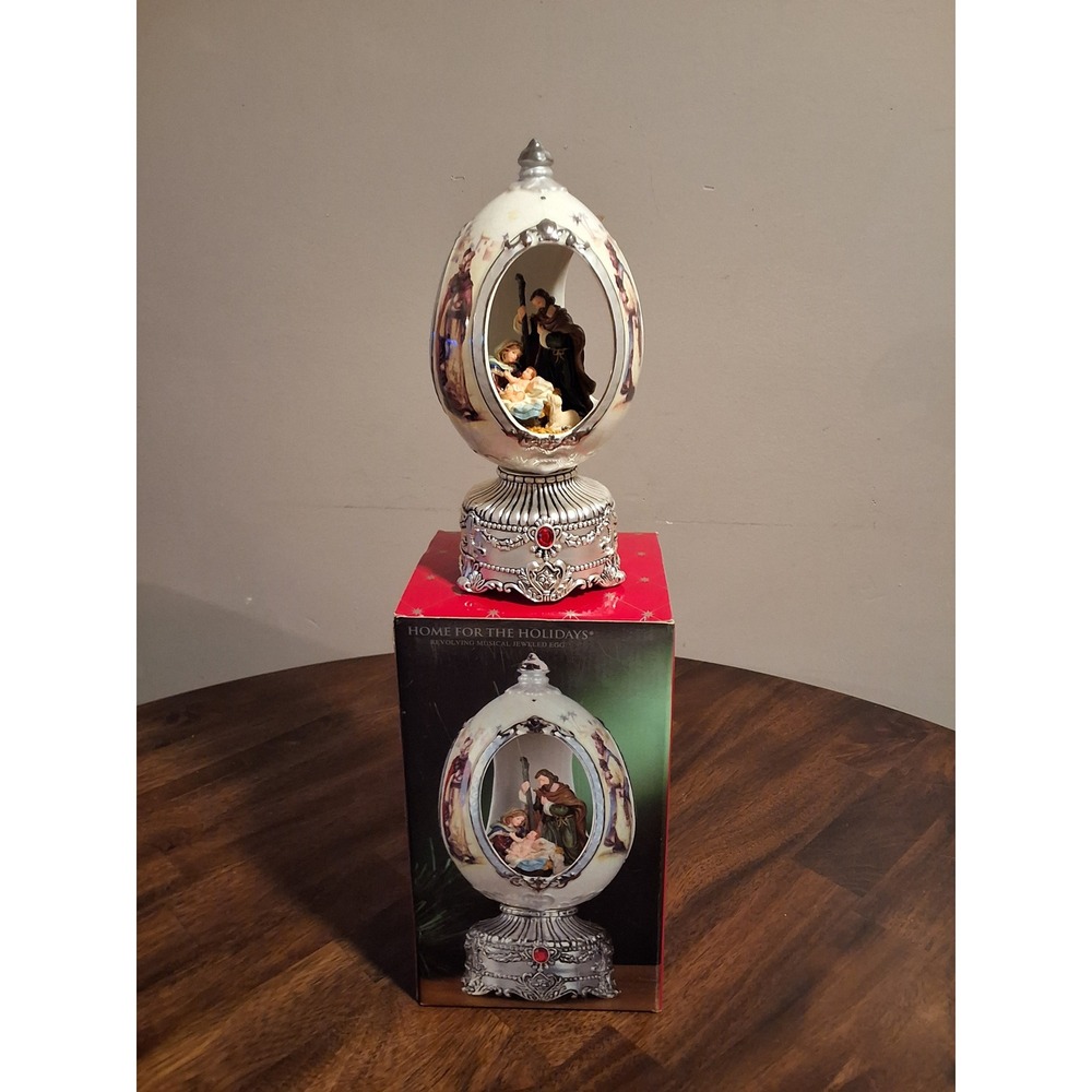 Vintage Nativity Musical Jeweled Egg Silent Night Revolving See Pics WORKS